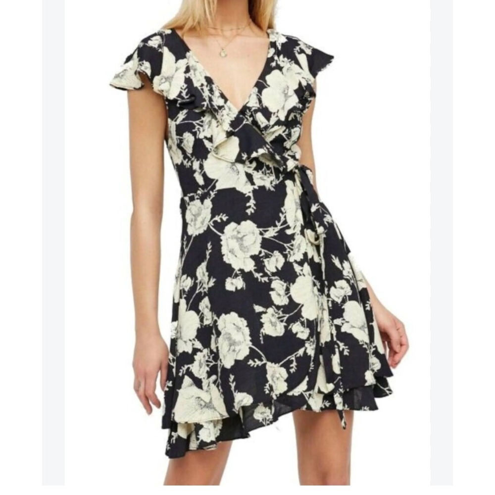 Free People French Quarter Wrap Dress Floral Wrap Ruffle Black Cream Boho